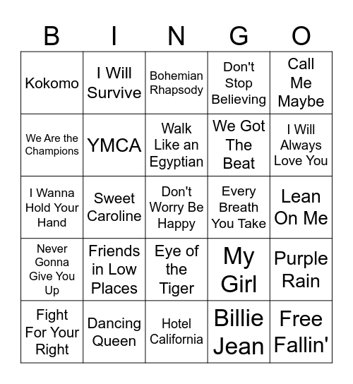 Sing Along Songs Bingo Card
