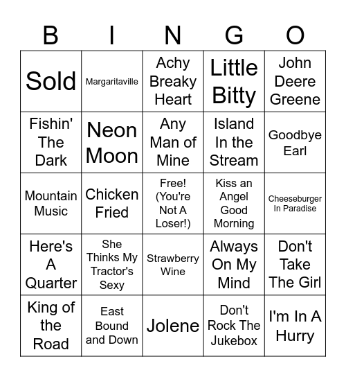 Country Sing Along Bingo Card