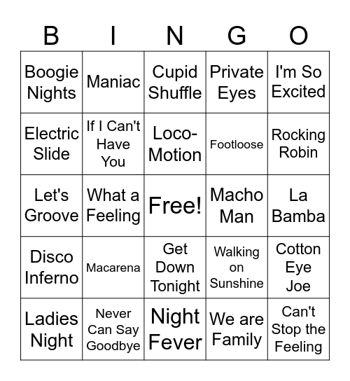 Dance Party Bingo Card
