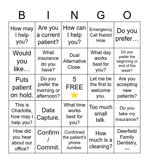 5 Star Phone Call Bingo Card
