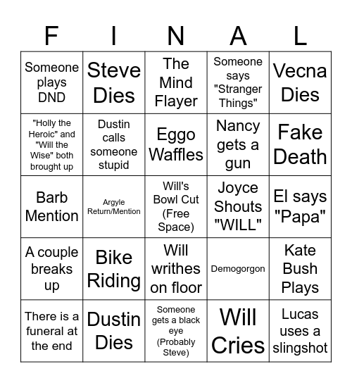 Stranger Thingo Bingo Card