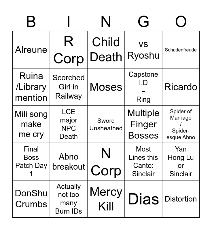 Season 7 Bingo Card