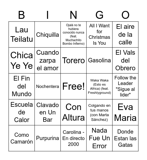 Bingo Musical Familiar Bingo Card