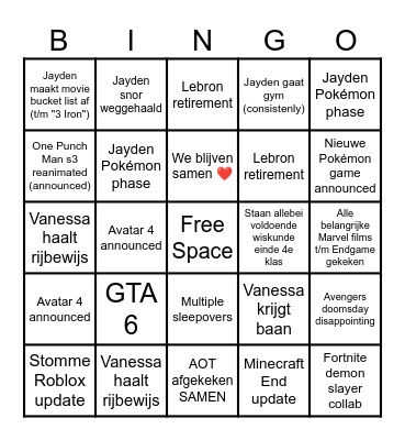 Jayden & Vanessa 2026 Bingo Card