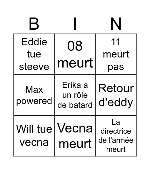 Stranger things Bingo Card