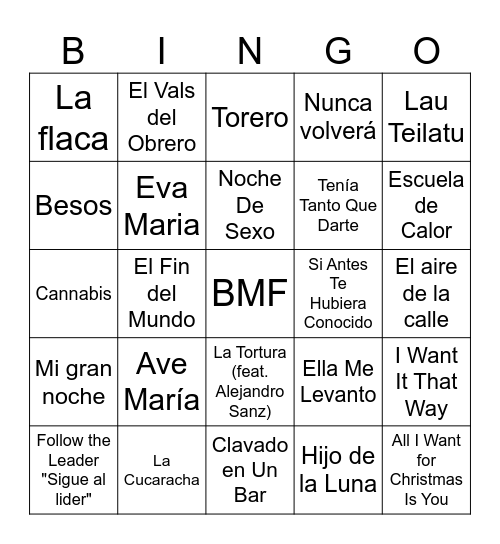 Bingo Musical Familiar Bingo Card