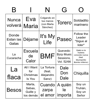 Bingo Musical Familiar Bingo Card