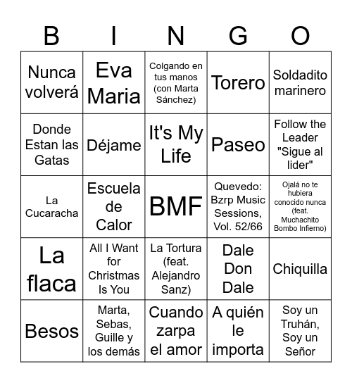 Bingo Musical Familiar Bingo Card