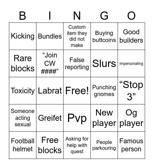 Yeeps server bingo Card