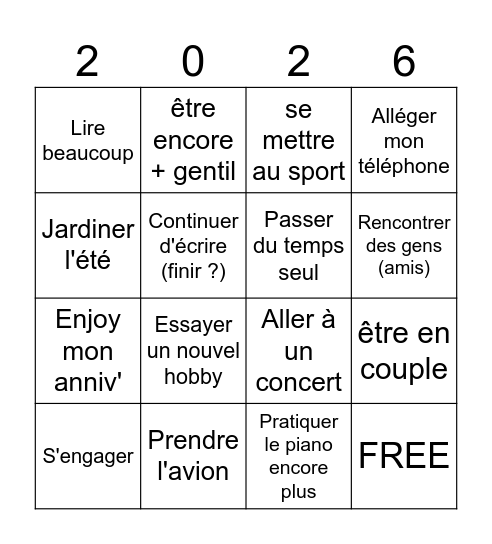 My new year's goals Bingo Card