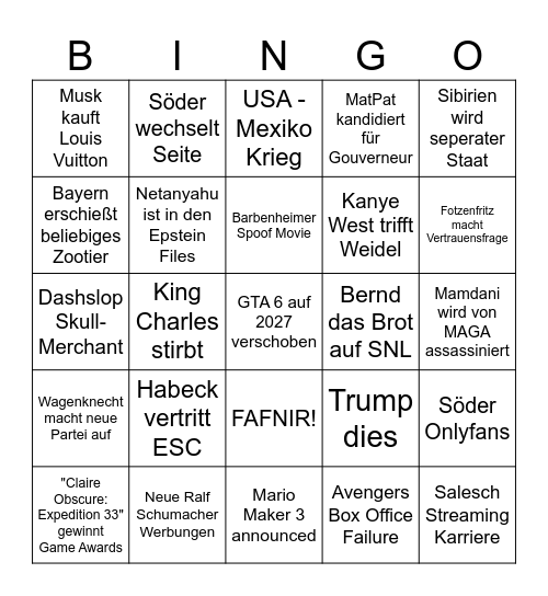 2026 Chaos Bingo Card