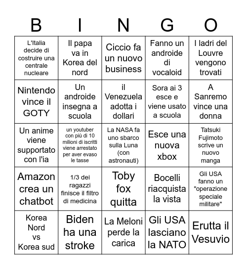 predizioni generali 2026 Bingo Card