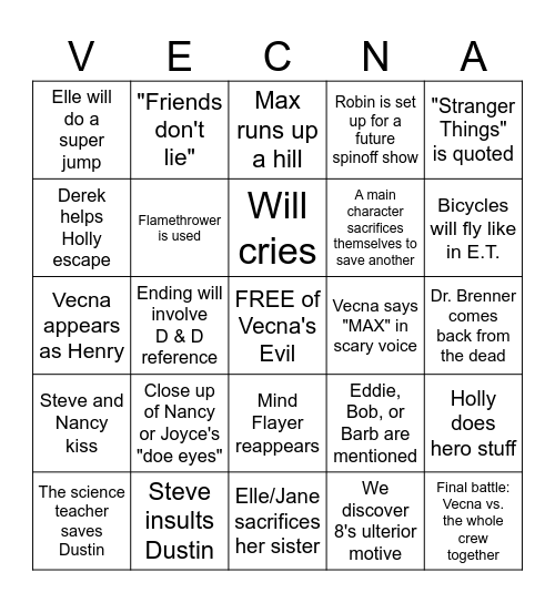 Stranger Things FINALE Bingo Card