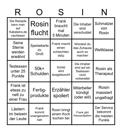 Rosins Restaurant Bingo Card