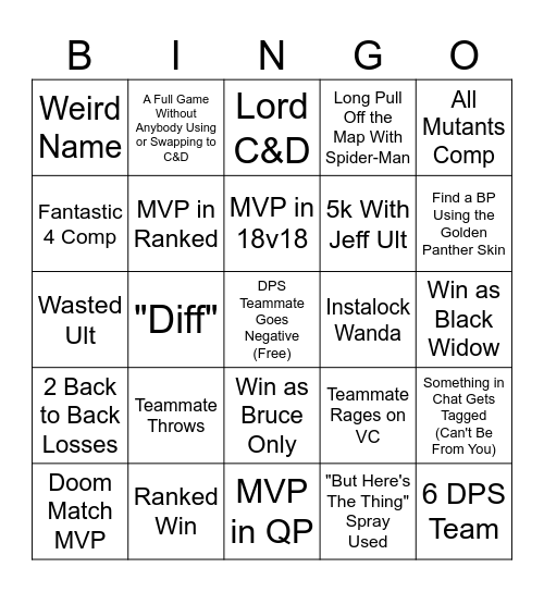 Marvel Rivals Bingo Card