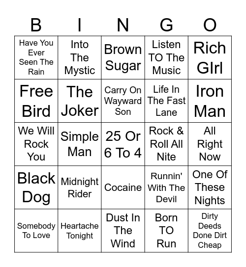 70s Rock Bingo Card