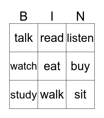 Action Verbs Bingo Card