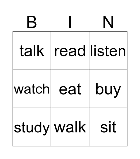 Action Verbs Bingo Card