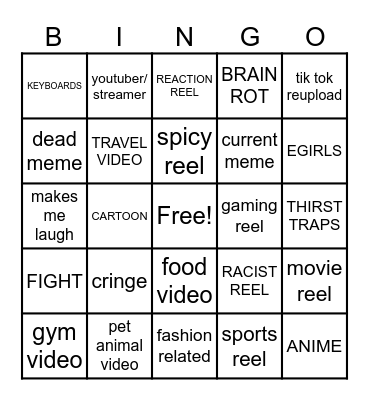 Instagram reel bingo Card