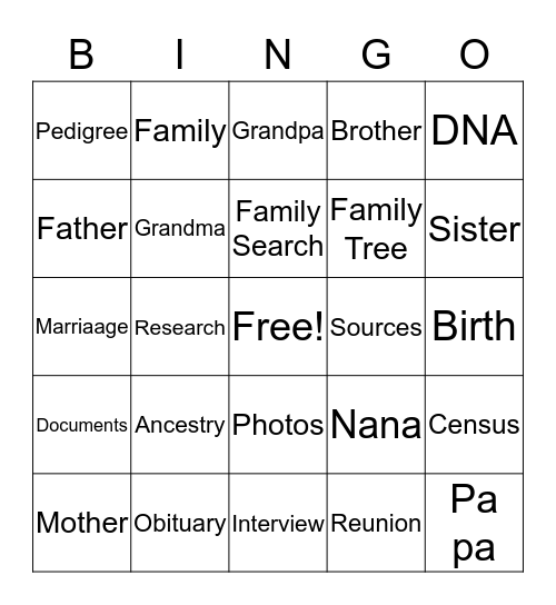 FAMILY HISTORY BINGO Card