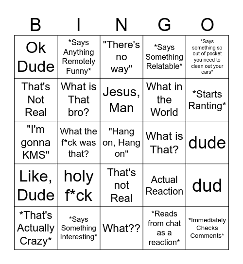 Redshell Reactions Bingo Card