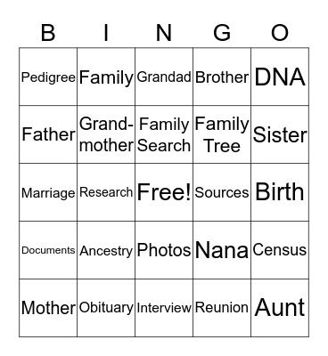 FAMILY HISTORY BINGO Card