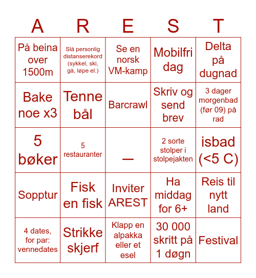 ARESTbingo 2026 Bingo Card