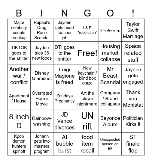 2026 Bingo Card Bingo Card