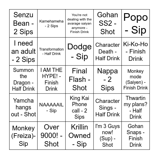 DBZA Drinking Game Bingo Card
