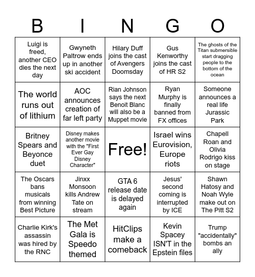 2026 Bingo Card Bingo Card