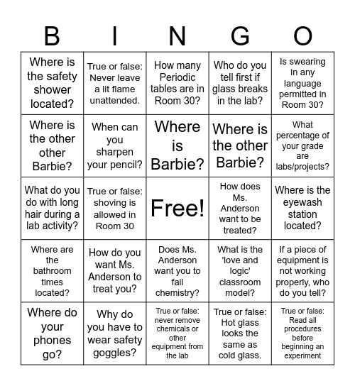 Classroom Expectations Bingo Card