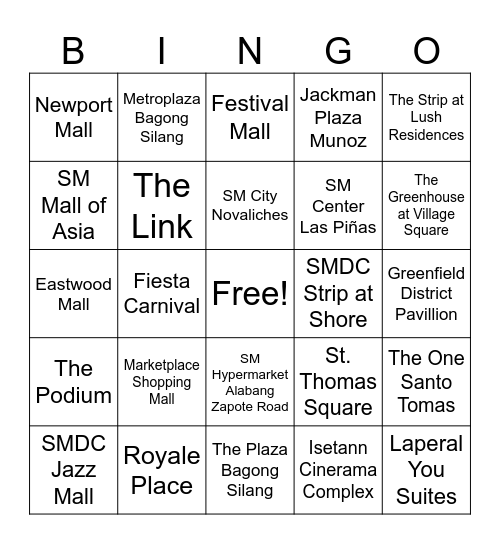 2026 Metro Manila Malls Bingo (Novice) Bingo Card