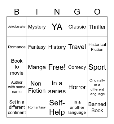 Book Genre Bingo Card