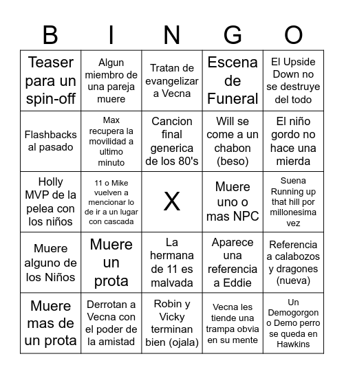 Bingo Final de Stranger Things Bingo Card