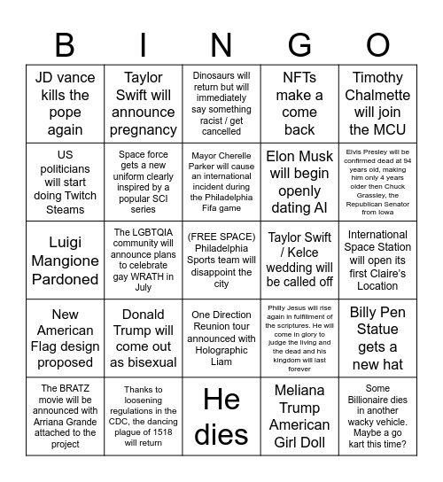 Sean's 2026 bingo card Bingo Card