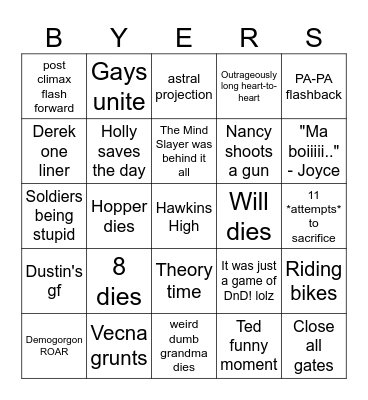 Stranger Things Bingo Card
