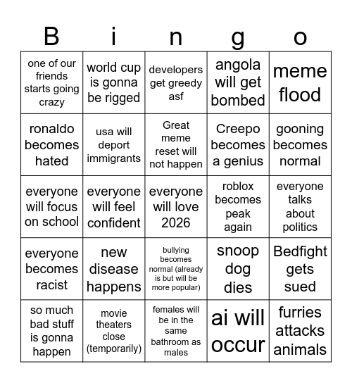 2026 Predictions Bingo Card