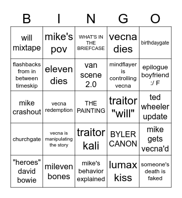 stranger things finale bingo Card