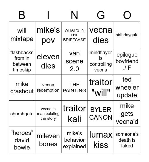 stranger things finale bingo Card