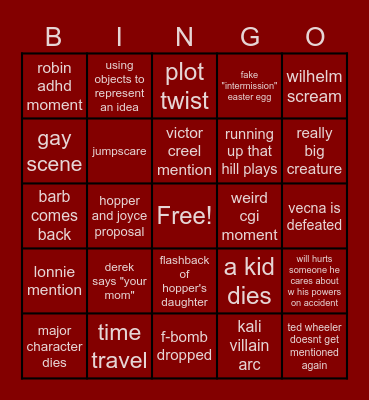 stranger things finale bingo Card