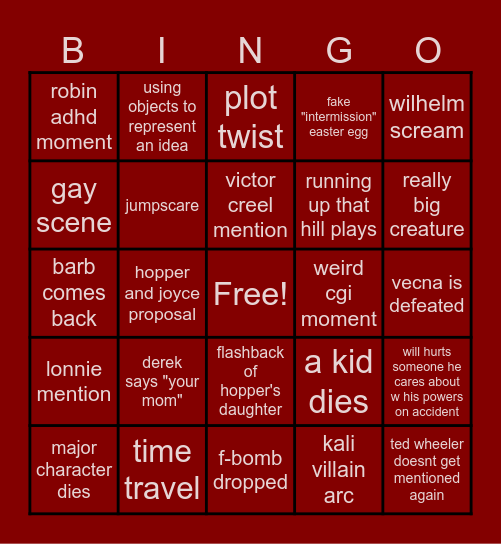 stranger things finale bingo Card
