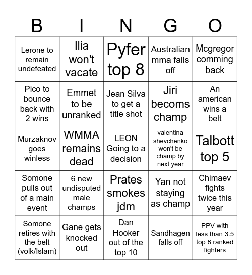 Ufc 2026 Bingocard Bingo Card