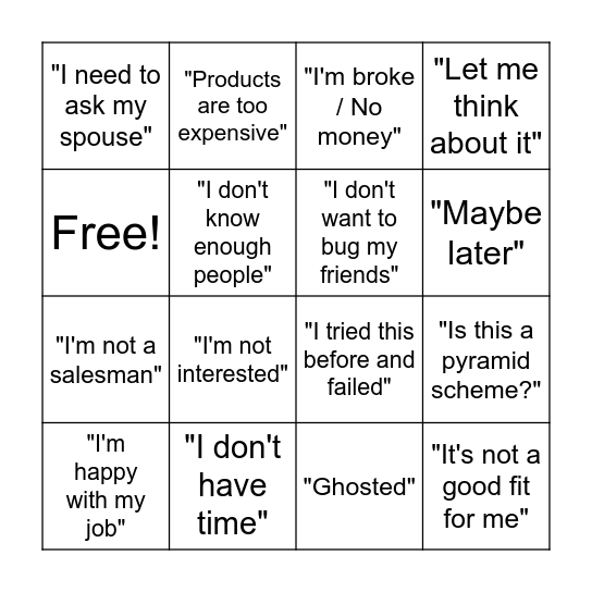 Prospecting Rejections Bingo Card