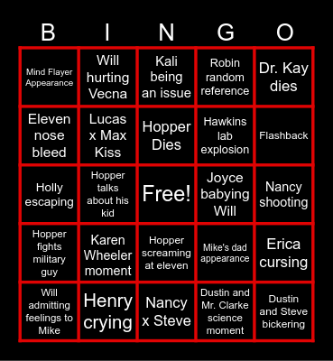 Stranger Things Finale Bingo Card