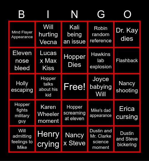 Stranger Things Finale Bingo Card