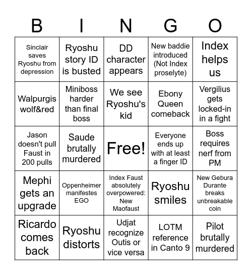 Canto 9 predictions Bingo Card