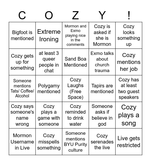 Cozy's Live BINGO Card