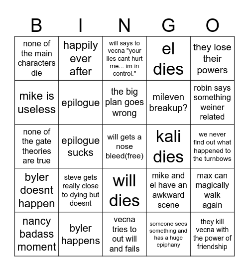 stranger things finale bingo Card