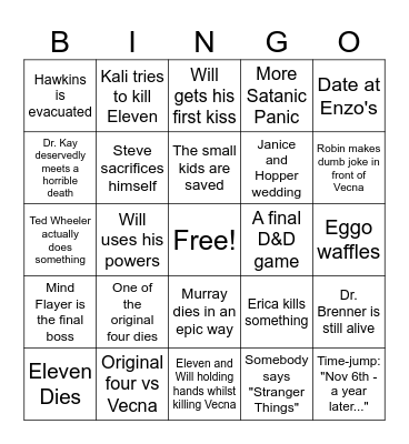 Stranger Things Bingo - Final Episode Bingo Card