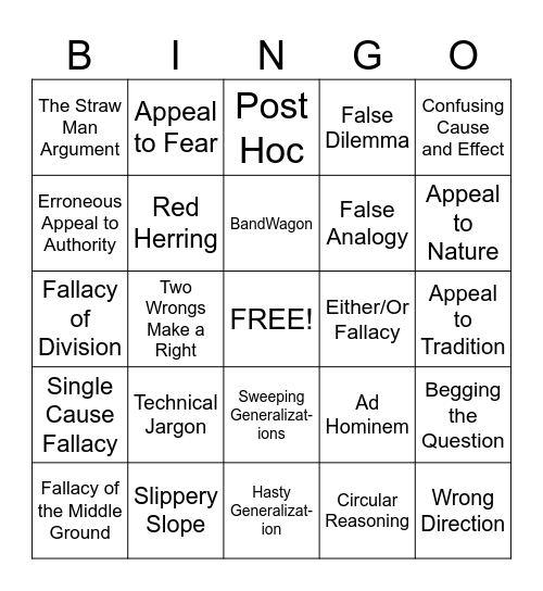 Logical Fallacy Bingo Card